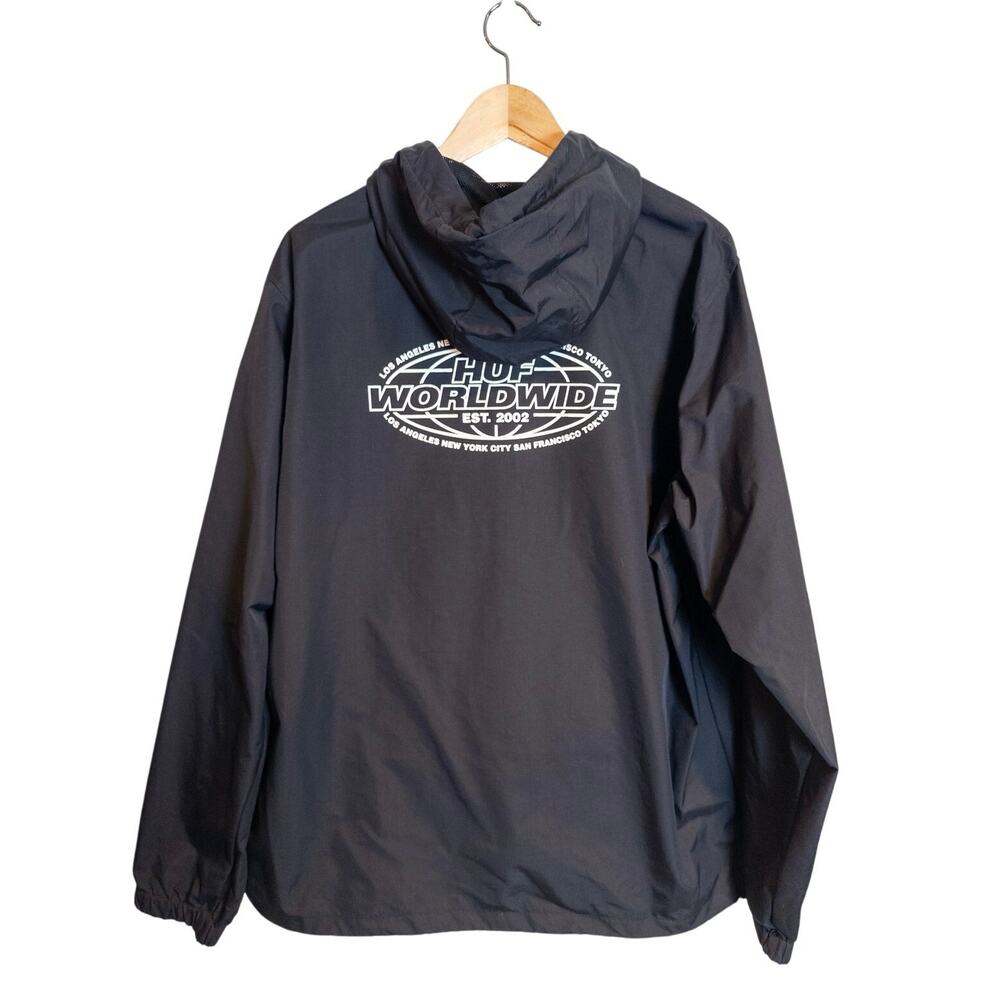 HUF Worldwide Flag Anorak Windbreaker Jacket Black Half Zip Streetwear Large - Picture 5 of 9